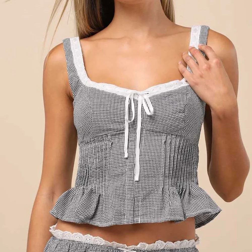 NIA Lemon Black Gingham Pleated Tank Top - Picture 1 of 10